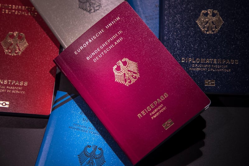 The new German passport on display during a presentation at the Ministry of the Interior in Berlin, Germany, 23 February 2017. The new passport features numerous safety features. Photo: Michael Kappeler/dpa | usage worldwide   (Photo by Michael Kappeler/picture alliance via Getty Images)