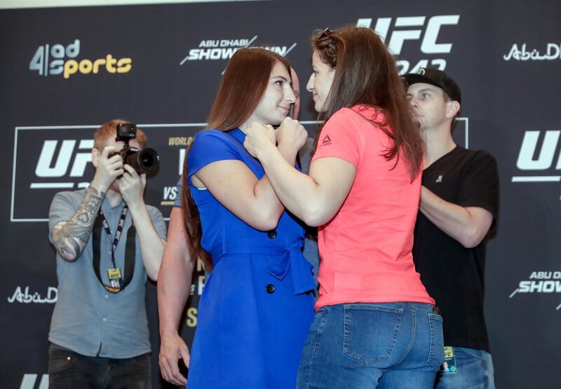 Abu Dhabi, United Arab Emirates, September 5, 2019.   STORY BRIEF: UFC Ultimate Media Day at the Yas Hotel.  --  
(L-R) Liana Jojua and Sarah Moras square off on stage for the UFC bantamweight
class.
Victor Besa / The National
Section:  SP
Reporter:  Dan Sanderson