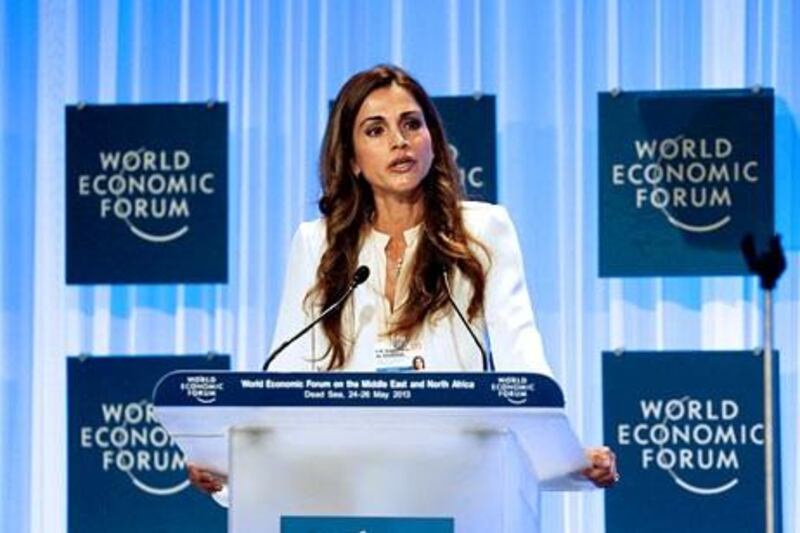 Queen Rania of Jordan addresses during a session in the WEF on the Middle East and North Africa, in the Dead Sea, Jordan, May 26, 2013. (Salah Malkawi for The National)