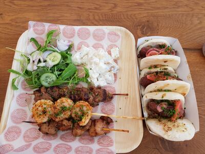 Beef and chicken skewers and sausage bao buns from the Australian Pavilion a Expo 2020. Saeed Saeed / The National