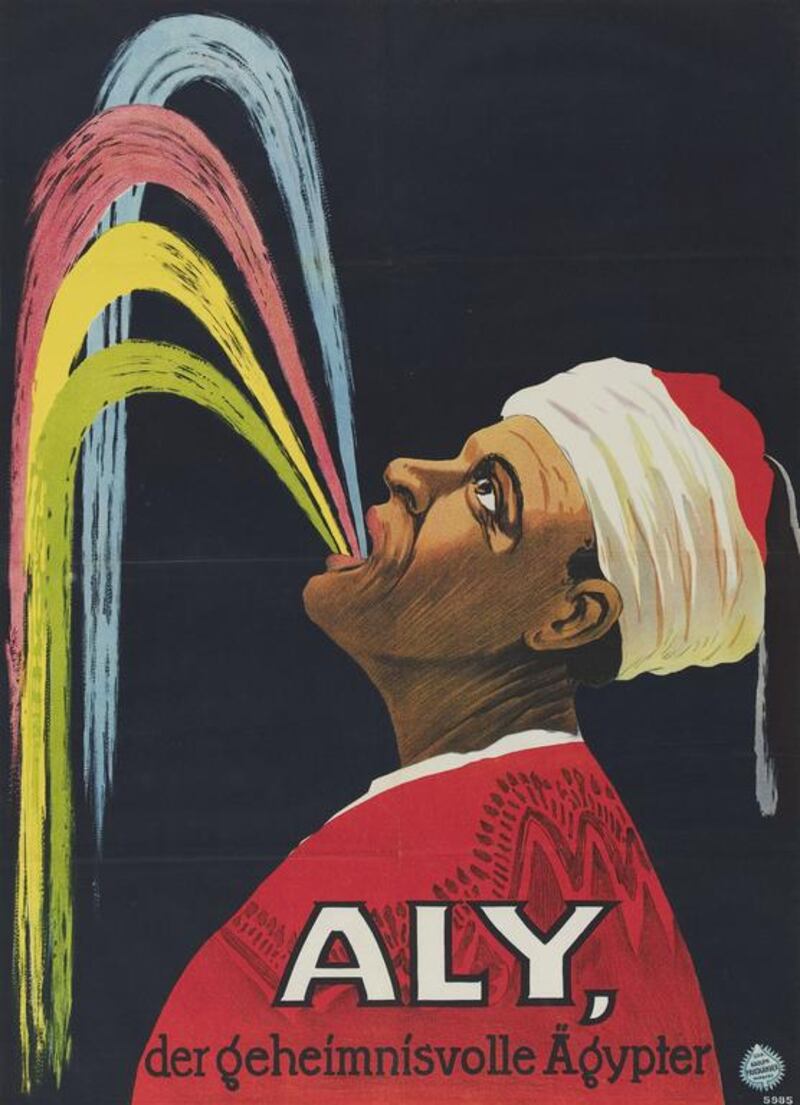 A 1913 lithograph poster by Adolph Friedländer's company depicting an artist's impression of Hadji Ali's performance of water spouting: the caption translates to Aly, the Mysterious Egyptian. 