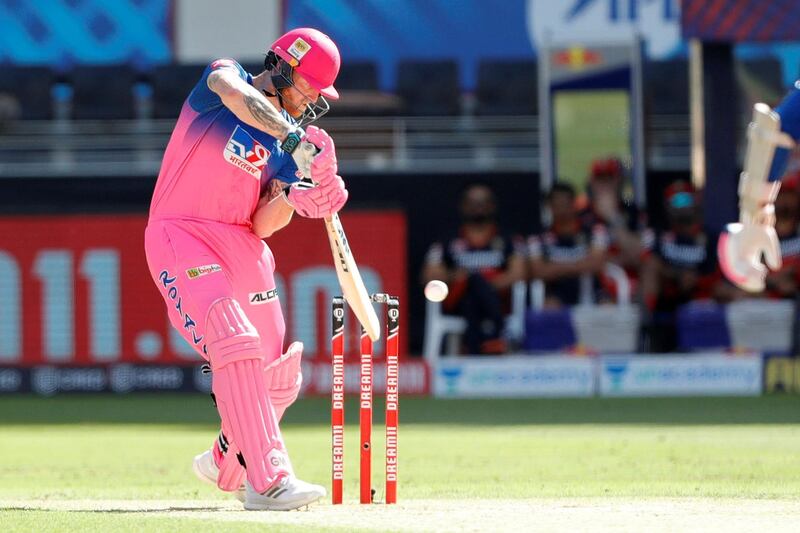 Ben Stokes of Rajasthan Royals  batting during match 33 of season 13 of the Dream 11 Indian Premier League (IPL) between the Rajasthan Royals and the Royal Challengers Bangalore held at the Dubai International Cricket Stadium, Dubai in the United Arab Emirates on the 17th October 2020.  Photo by: Saikat Das  / Sportzpics for BCCI