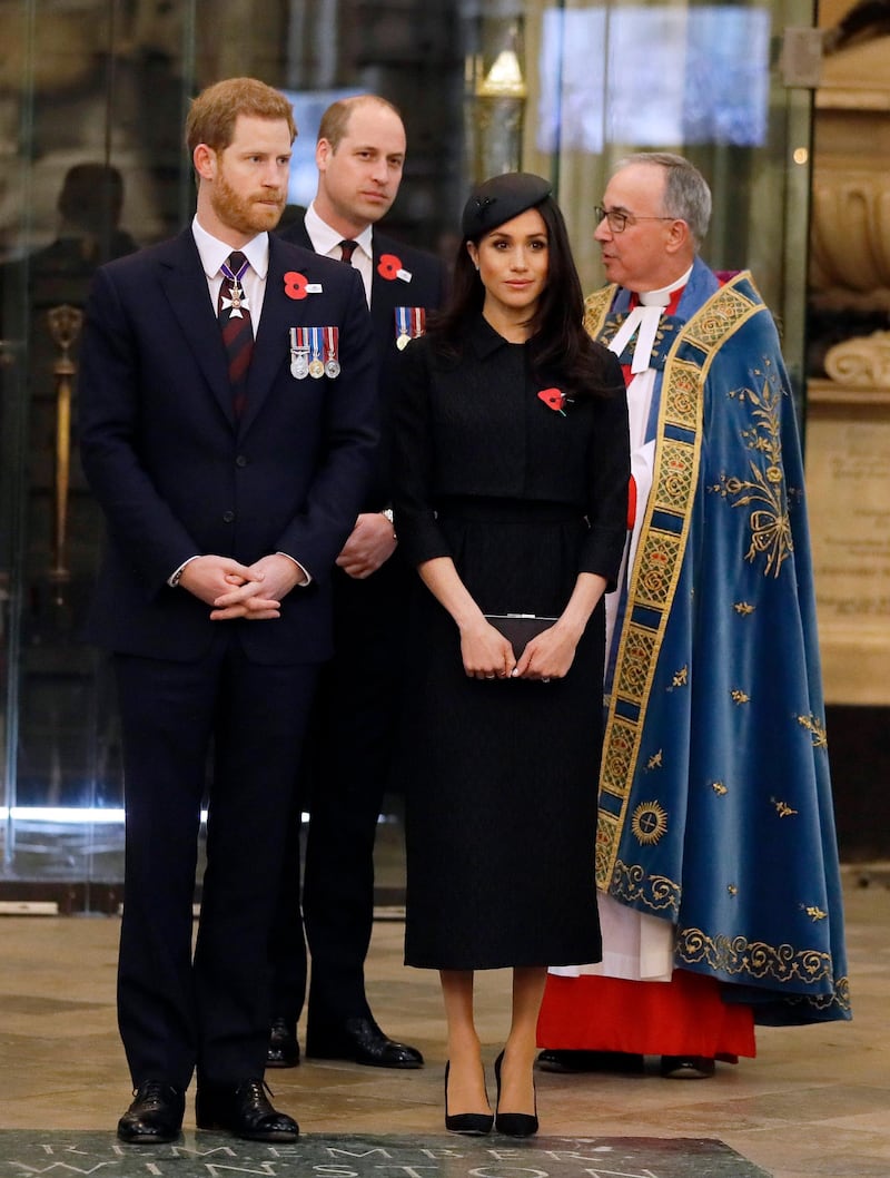 LONDON, ENGLAND - APRIL 25:  Prince William, Duke of Cambridge, Meghan Markle and Prince Harry attend an Anzac Day service at Westminster Abbey on April 25, 2018 in London, England. (Photo by Kirsty Wigglesworth - WPA Pool/Getty Images)