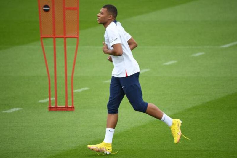 Paris Saint-Germain forward Kylian Mbappe during training at the Camp des Loges. Getty