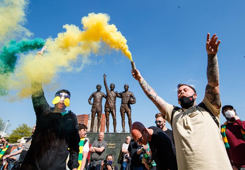 Manchester United fans during a protest against the club owners outside Old Trafford. PA