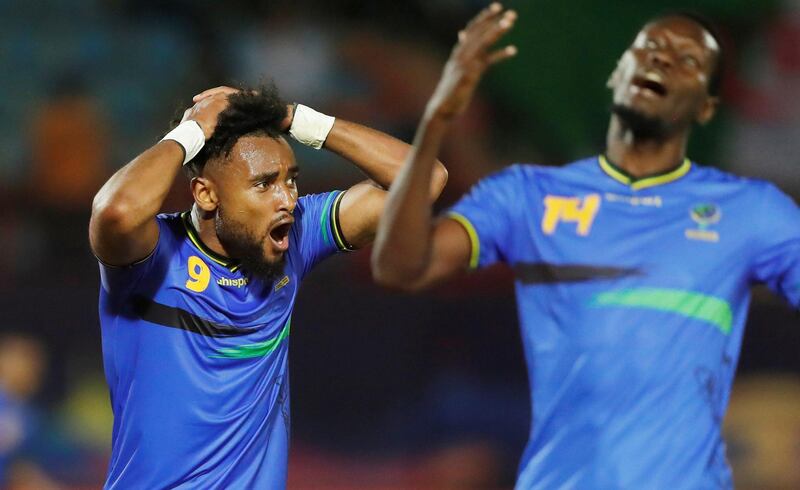 Tanzania's Adi Yussuf reacts after conceding a third goal. Reuters