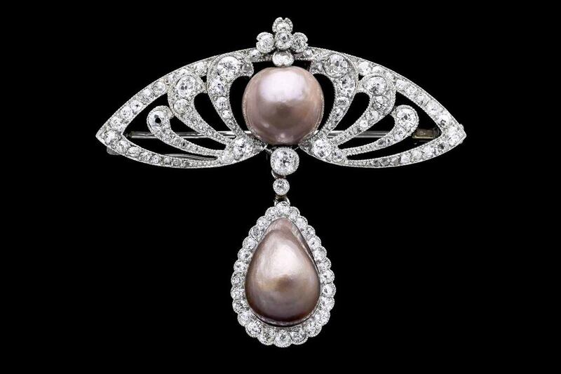 A brown pearl brooch set in platinum and diamonds, France 1900, part of the Pearls exhibition at the V and A Museum in London. Courtesy V and A Museum