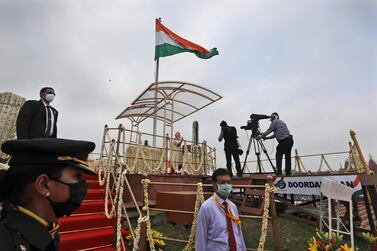 Indian Prime Minister Narendra Modi, centre, speaks from the ramparts of the historic Red Fort monument on Independence Day in New Delhi, India, Saturday, August 15, 2020. AP