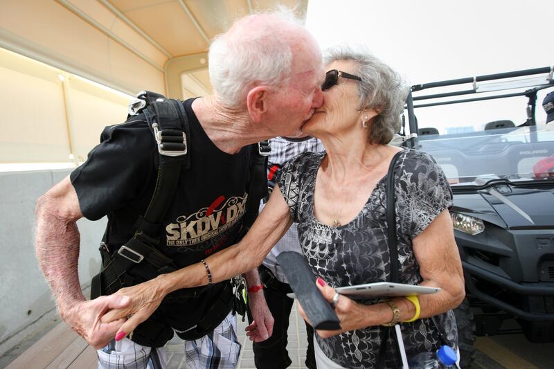 Dubai, United Arab Emirates, Apr 10, 2013 -  Dick Corbit, left,  kiss his wife Ella before his parachute jump.  Corbit is the oldest jumper to skydive at skydive Dubai and today is his 86 birthay. ( Jaime Puebla / The National Newspaper ) 