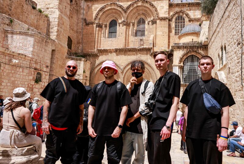 Members of the Kalush Orchestra at the Church of the Holy Sepulchre in the Old City of Jerusalem. AFP