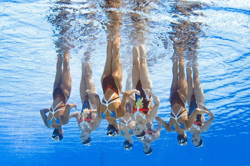 Japan competes in the preliminaries for the women's team free combination artistic swimming event at the World Aquatics Championships in Budapest. AFP