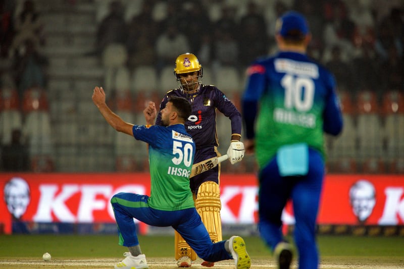 Multan Sultans' Ihsanullah after taking the wicket of Quetta Gladiators batsman Sarfaraz Ahmed at the Multan Cricket Stadium on Wednesday, February 15, 2023. AFP