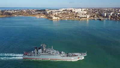 The Russian navy's amphibious assault ship Kaliningrad sails into the Sevastopol harbour in Crimea. AP 