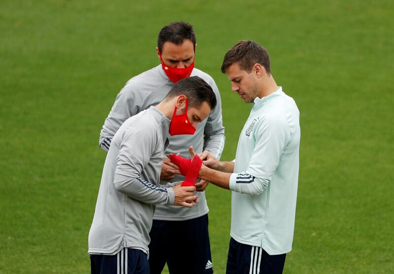 Spain's Cesar Azpilicueta training with teammates ahead of their Euro 2020 clash against Poland. Reuters