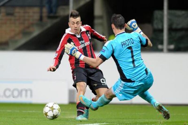 AC Milan's Stephan El Shaarawy looks to put the ball past Anderlecht goalkeeper Silvio Proto