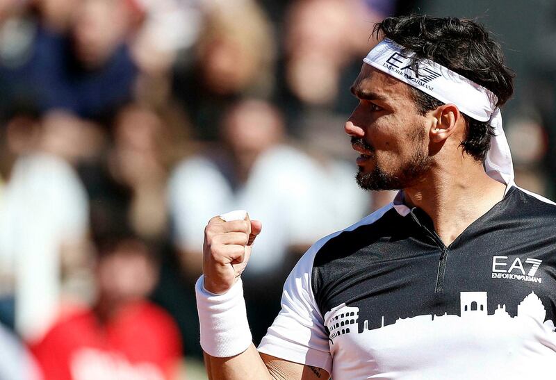 Fabio Fognini of Italy reacts during their mens singles second round match with Radu Aalbot of Moldova at the Italian Open tennis tournament, in Rome, Italy, Thursday, May 16, 2019. (Riccardo Antimiani/ANSA via AP)