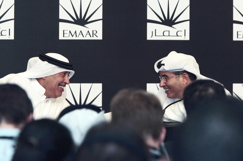 Mohamed Alabbar, right, the chairman of Emaar, and Ahmad Al Matrooshi, managing director, are pictured during the company's AGM.  Jeffrey E Biteng / The National