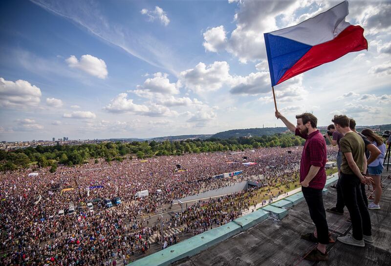 PRAGUE, CZECH REPUBLIC - JUNE 23:  Protesters attend an Anti-Government protest at the Letna plain on June 23, 2019 in Prague, Czech Republic. Tens of thousands attended the rally in Prague demanding the resignation of Czech Justice Minister, Marie Benesova, saying the new minister might compromise the legal system at a time when prosecutors have to decide whether to indict Prime Minister Andrej Babis over alleged fraud involving European Union funds. (Photo by Gabriel Kuchta/Getty Images)