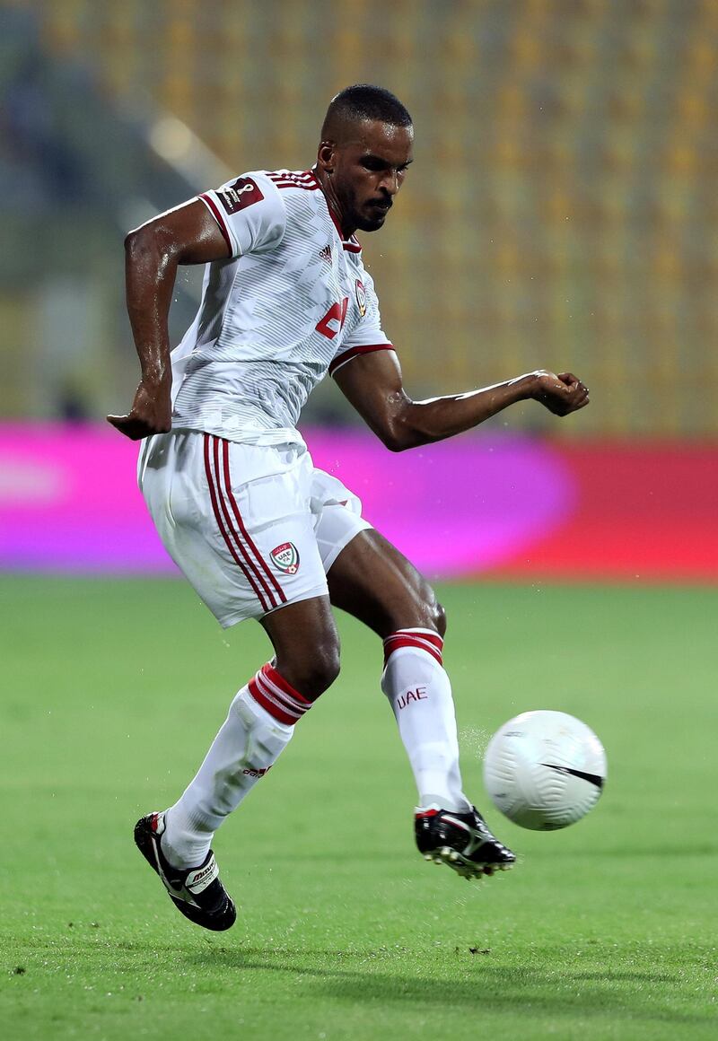 Mahmoud Khamis of the UAE during the game between the UAE and Malaysia in the World cup qualifiers at the Zabeel Stadium, Dubai on June 3rd, 2021. Chris Whiteoak / The National. 
Reporter: John McAuley for Sport