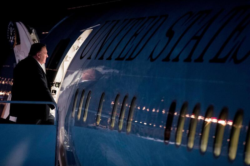 US Secretary of State Mike Pompeo boards a plane at Andrews Air Force Base in Maryland, to travel to Hanoi, Vietnam. AFP