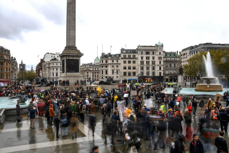 Protesters gather in Trafalgar Square during a coronavirus anti-lockdown protest in London. AP Photo