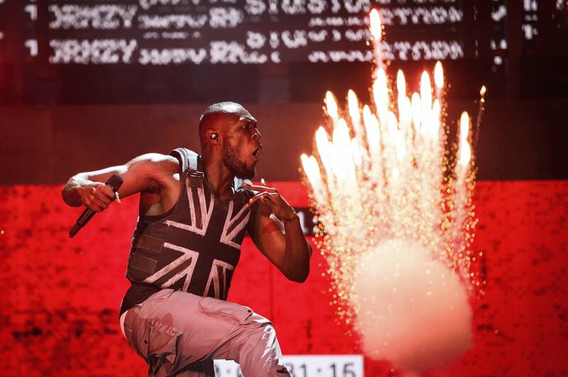 GLASTONBURY, ENGLAND - JUNE 28: Stormzy performs in the headline slot on the Pyramid Stage on day three of Glastonbury Festival at Worthy Farm, Pilton on June 28, 2019 in Glastonbury, England. Glastonbury is the largest greenfield festival in the world, and is attended by around 175,000 people.  (Photo by Leon Neal/Getty Images)