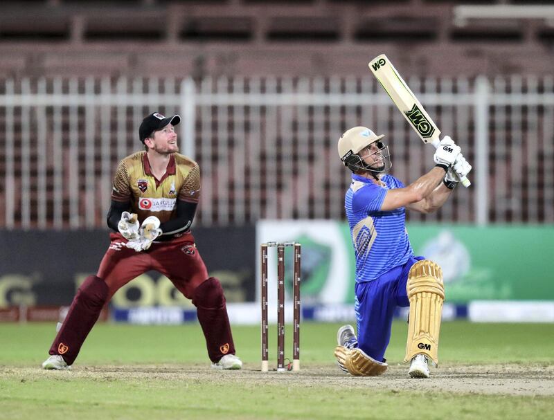 Sharjah, United Arab Emirates - October 18, 2018: Ryan ten Doeschate of the Balkh Legends hits a 6 during the game between Kandahar Knights and Balkh Legends in the Afghanistan Premier League. Thursday, October 18th, 2018 at Sharjah Cricket Stadium, Sharjah. Chris Whiteoak / The National