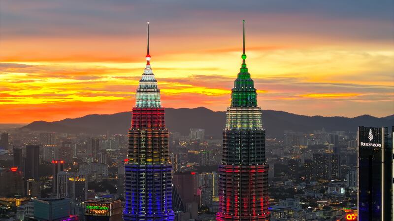 The Petronas Towers in Kuala Lumpur are lit in the colours of the UAE flag, marking Crown Prince of Abu Dhabi Sheikh Khaled's visit to Malaysia. Wam