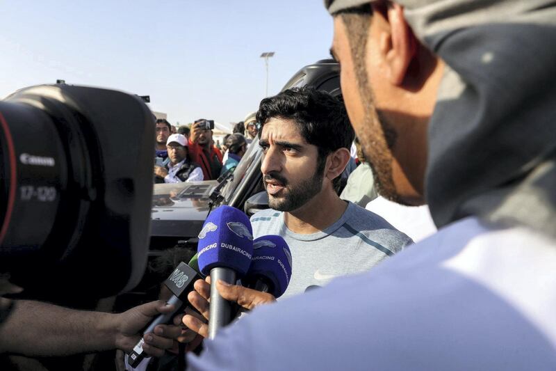 Sheikh Hamdan speaks to local television crews at Endurance Cup. Wam