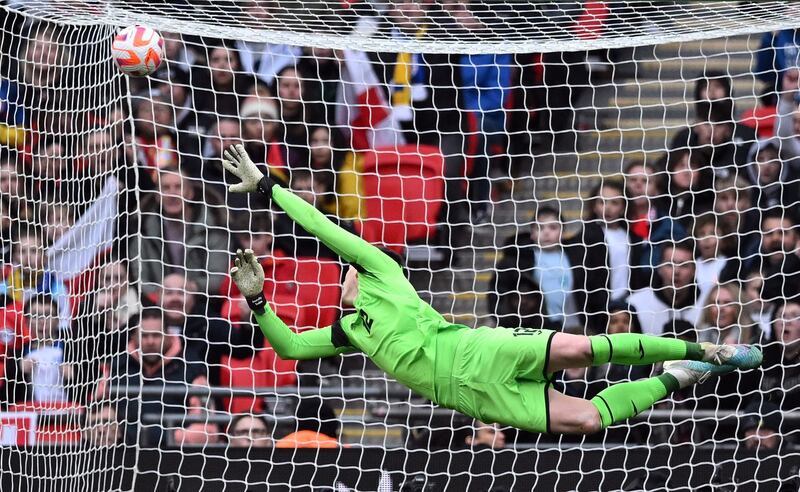 Ukraine goalkeeper Anatolii Trubin is beaten as England's Bukayo Saka for the second goal. AFP