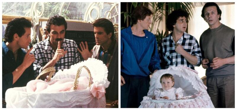 Three Men and a Baby: The enduring favourite, which spawned the sequel ‘Three Men and a Little Lady’, was released in 1987, two years after the French version which starred Roland Giraud as Pierre, Michel Boujenah as Michel and Andre Dussollier as Jacques. Courtesy Acteurs Auteurs Associés, Touchstone Pictures