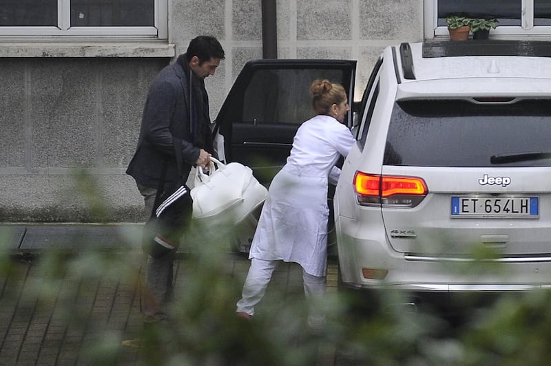 Mandatory Credit: Photo by Livio Valerio/Shutterstock (5540086a)
Ilaria D'Amico and Gianluigi Buffon leaving the hospital with her son Leopold Mattia
Ilaria D'Amico and Gigi Buffon out and about, Milan, Italy - 09 Jan 2016