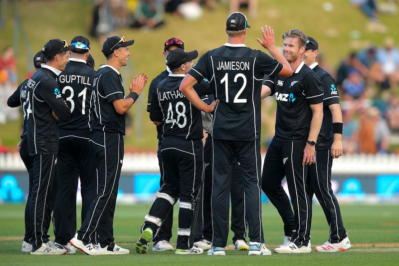 Jimmy Neesham, right, picked up five wickets against Bangladesh in the third ODI at Basin Reserve in Wellington. Getty