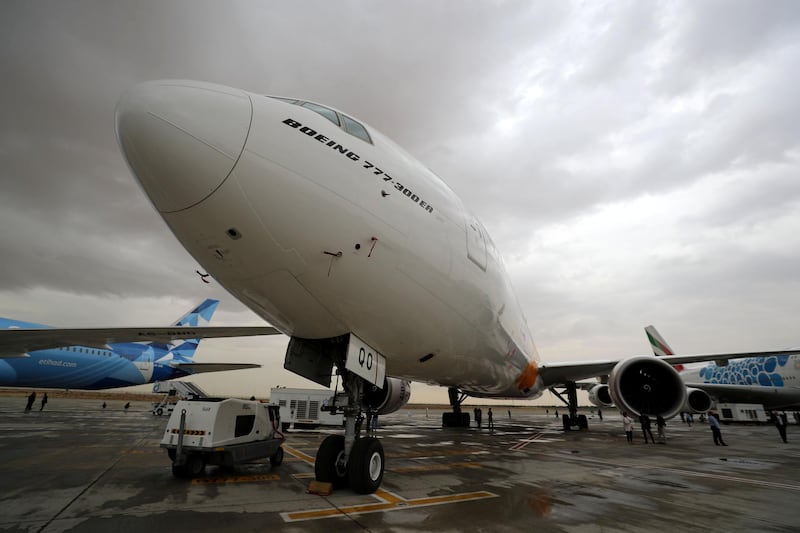 Dubai, United Arab Emirates - November 20, 2019: A Boeing 777 at the Dubai airshow. Wednesday, November 20th, 2017 at Dubai Airshow, Dubai. Chris Whiteoak / The National