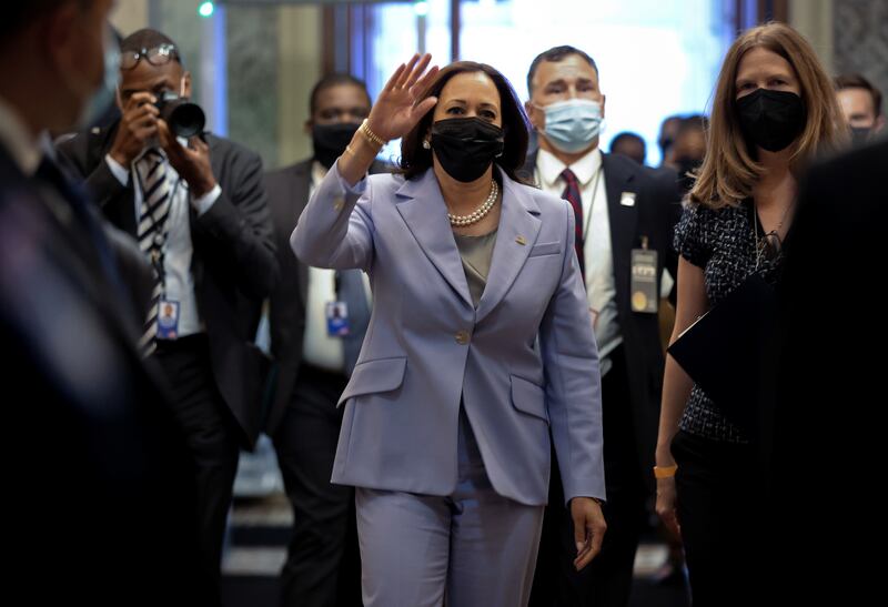 Kamala Harris arrives at the Capitol to discuss voting rights with the family of Lyndon B  Johnson in Washington on August 2, 2021. Reuters