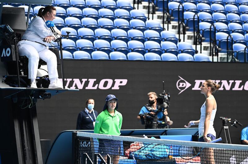 Karolina Pliskova argues with umpire Alison Hughes at Melbourne Park. Getty