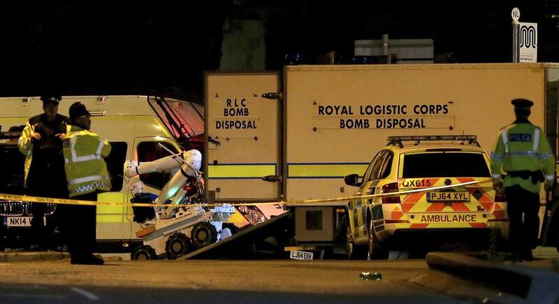 A bomb disposal robot is unloaded outside the Manchester Arena. EPA