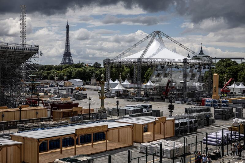 The Place de la Concorde with ongoing works for the Paris Olympics, with the Eiffel Tower in the background. AFP