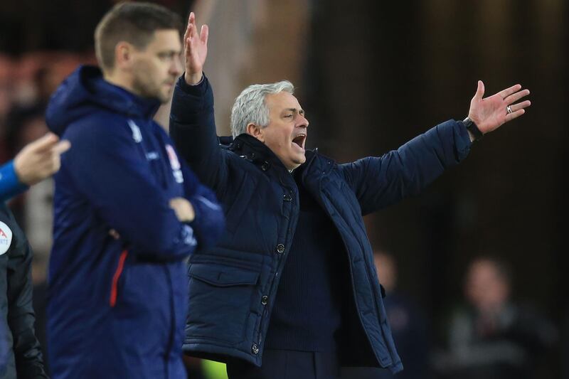 Tottenham Hotspur's Portuguese head coach Jose Mourinho gestures on the touchline during the English FA cup third round football match between Middlesbrough and Tottenham Hotspur at the Riverside Stadium in Middlesbrough, north-east England on January 5, 2020.  - RESTRICTED TO EDITORIAL USE. No use with unauthorized audio, video, data, fixture lists, club/league logos or 'live' services. Online in-match use limited to 120 images. An additional 40 images may be used in extra time. No video emulation. Social media in-match use limited to 120 images. An additional 40 images may be used in extra time. No use in betting publications, games or single club/league/player publications.

 / AFP / Lindsey Parnaby / RESTRICTED TO EDITORIAL USE. No use with unauthorized audio, video, data, fixture lists, club/league logos or 'live' services. Online in-match use limited to 120 images. An additional 40 images may be used in extra time. No video emulation. Social media in-match use limited to 120 images. An additional 40 images may be used in extra time. No use in betting publications, games or single club/league/player publications.

