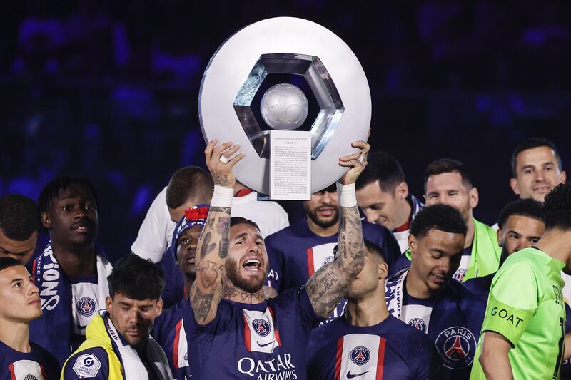 Sergio Ramos lifs the  Ligue 1 trophy. EPA