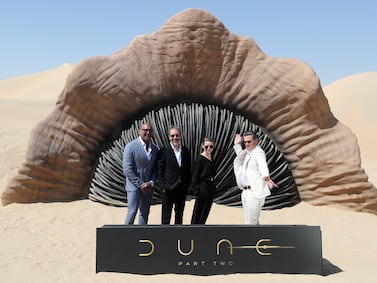 Dave Bautista, Denis Villeneuve, Tanya Lapointe and Josh Brolin at Al Wathba, Abu Dhabi. Chris Whiteoak / The National