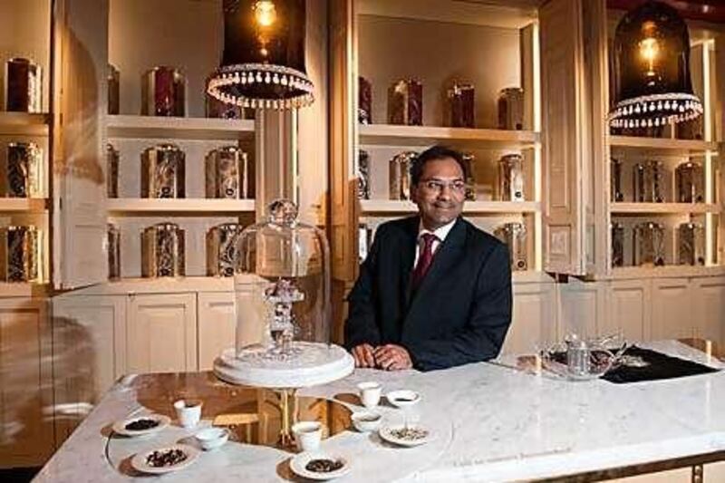 Sanjiv Mehta at the tea counter in the East India Company's shop in London. As well as selling Indian products, the company will also stock foods from the Middle East, Japan and China.