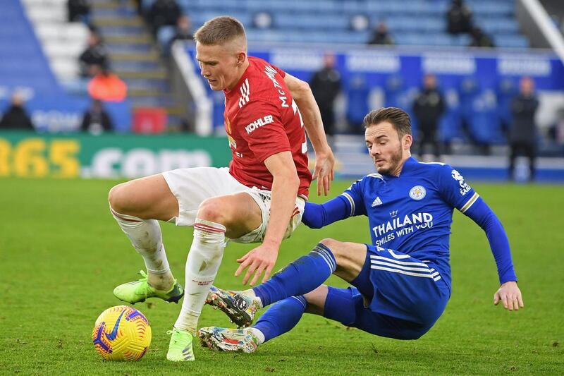 Manchester United's midfielder Scott McTominay, left, vies with Leicester City's midfielder James Maddison. AFP