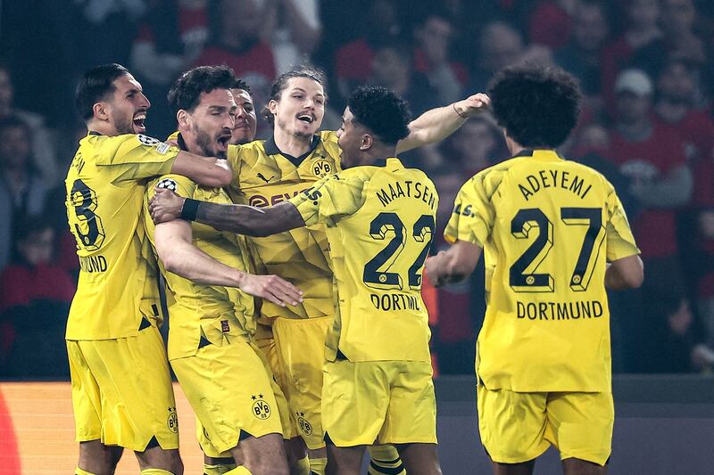 Mats Hummels celebrates with teammates after scoring Borussia Dortmund's goal during the Uefa Champions League semi-final second leg match against Paris Saint-Germain at the Parc des Princes in Paris on May 7, 2024. AFP