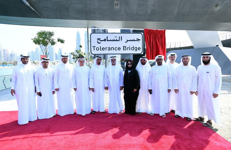 Nahyan bin Mubarak unveils plaque naming bridge arching over Dubai Water Canal as "Tolerance Bridge". WAM