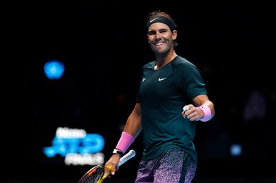 LONDON, ENGLAND - NOVEMBER 19: Rafael Nadal of Spain celebrates match point during his match against Stefanos Tsitsipas of Greece during their third round robin match on Day Five of the Nitto ATP World Tour Finals at The O2 Arena on November 19, 2020 in London, England. (Photo by Clive Brunskill/Getty Images)