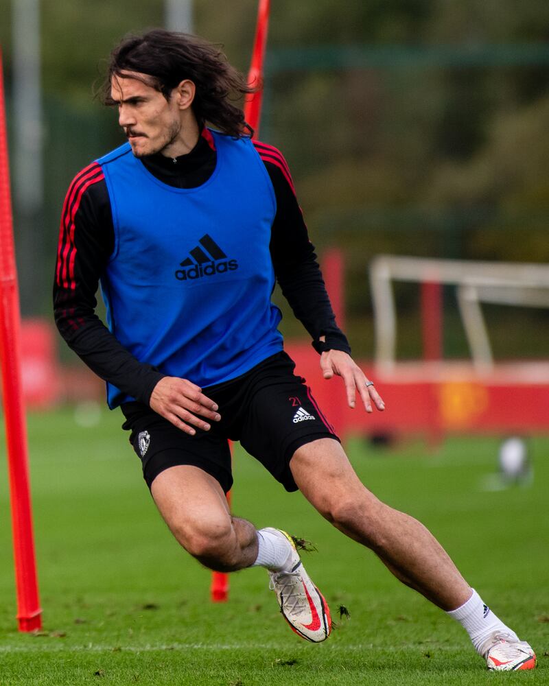 Edinson Cavani of Manchester United in action during a first team training session.