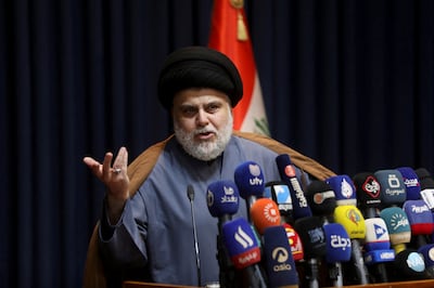 Shiite cleric Moqtada Al Sadr speaks during a news conference in 2021. Reuters