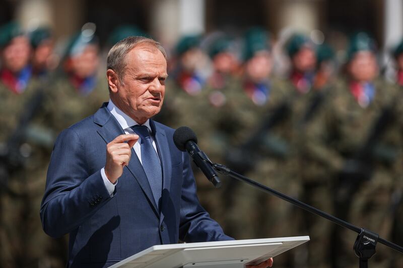Polish Prime Minister Donald Tusk speaks at a ceremony to mark the 80th anniversary of the Battle of Monte Cassino, in Krakow, on Saturday. EPA