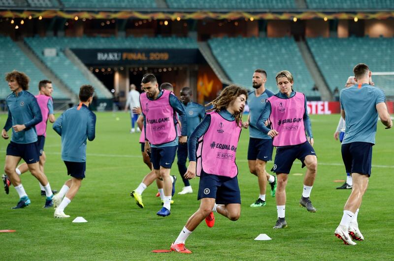 Chelsea players take part in a training session ahead of the Europa League final. AP Photo